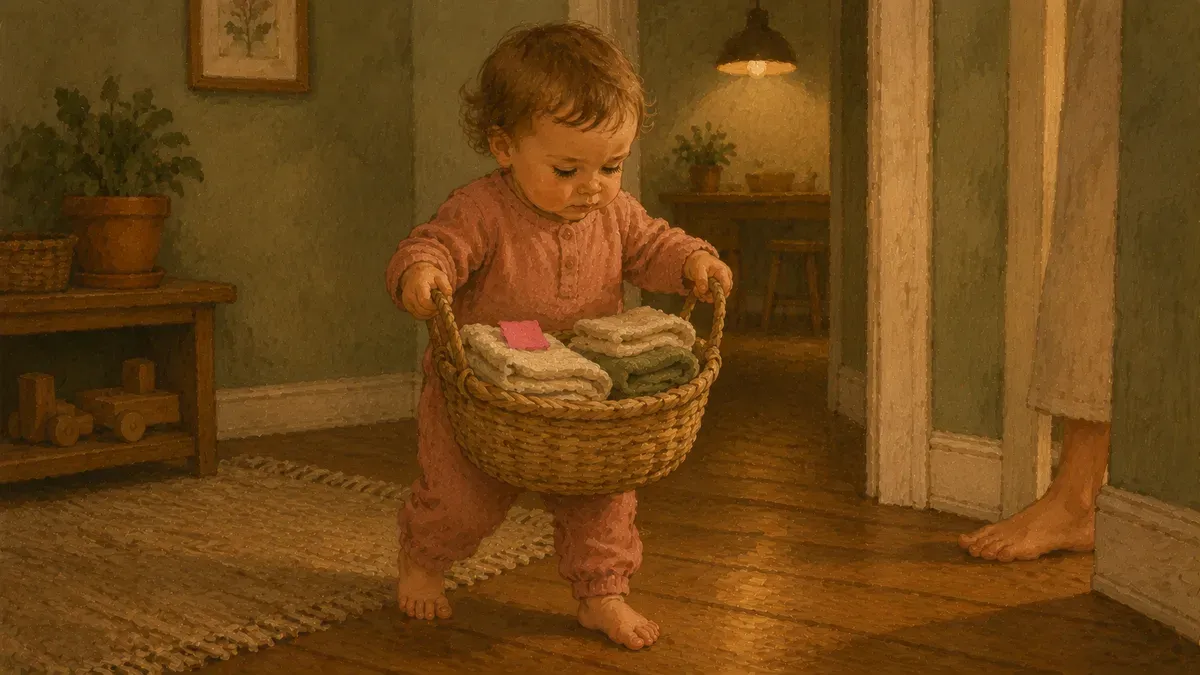 15-month-old carrying a small basket of laundry, beginning Montessori practical life at home