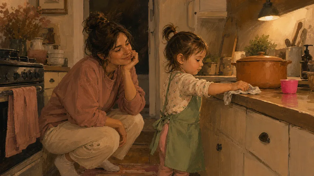 A 3-year-old girl in an apron wiping a low kitchen counter with a damp cloth while her mom watches nearby.
