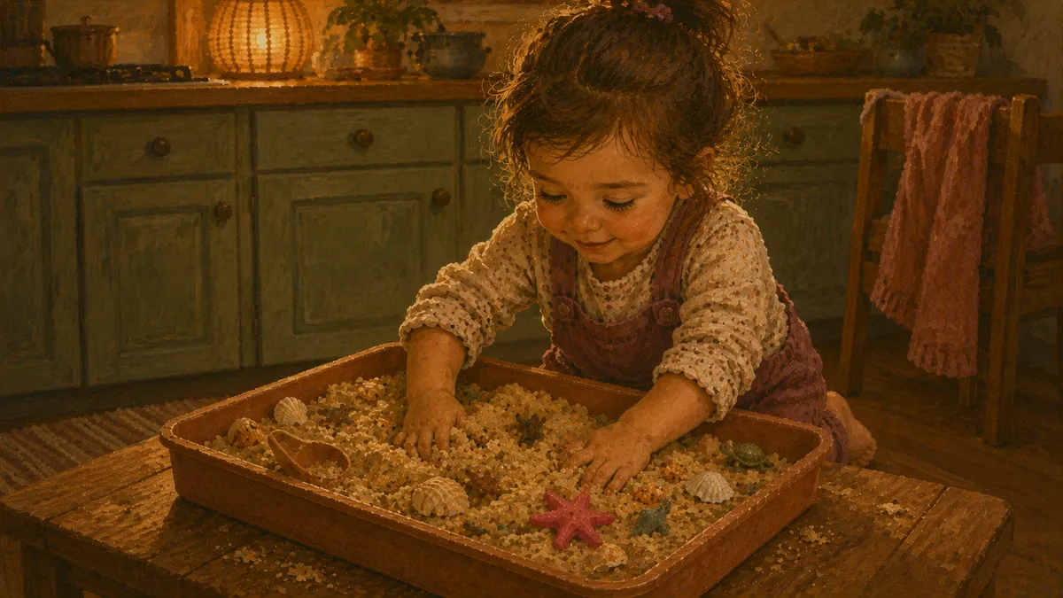 A 3-year-old scoops colored kinetic sand from a shallow bin filled with small toys and shells on a low play table.