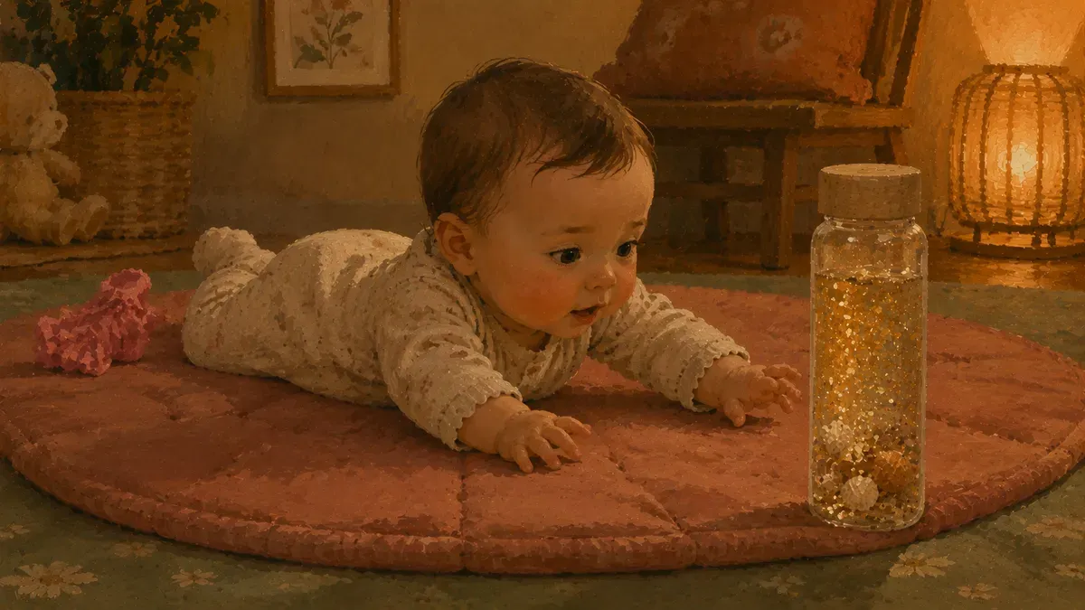 A baby exploring a sealed sensory bottle during tummy time on a play mat