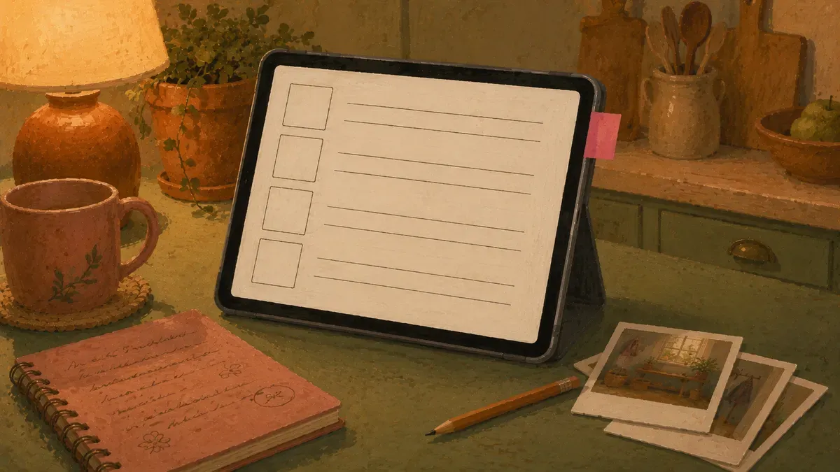 A blank social story template on a tablet ready to be filled in with a child's name and photos
