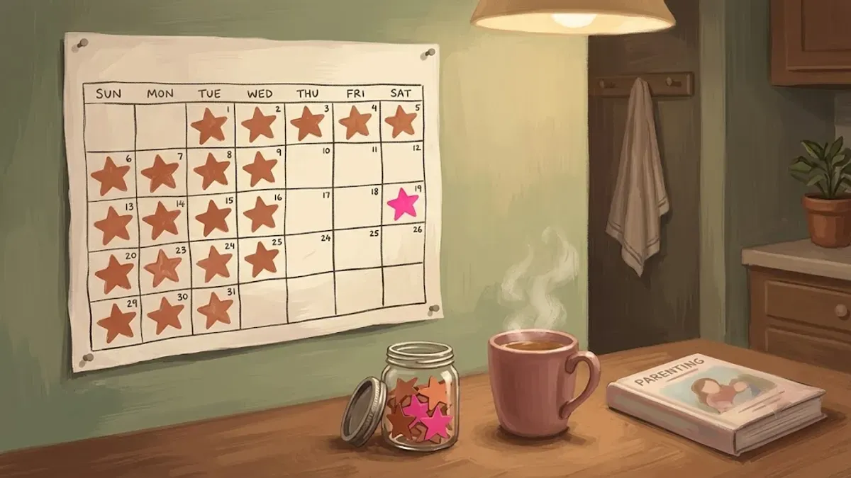 A calendar covered in potty training sticker rewards with a visible gap where training was paused