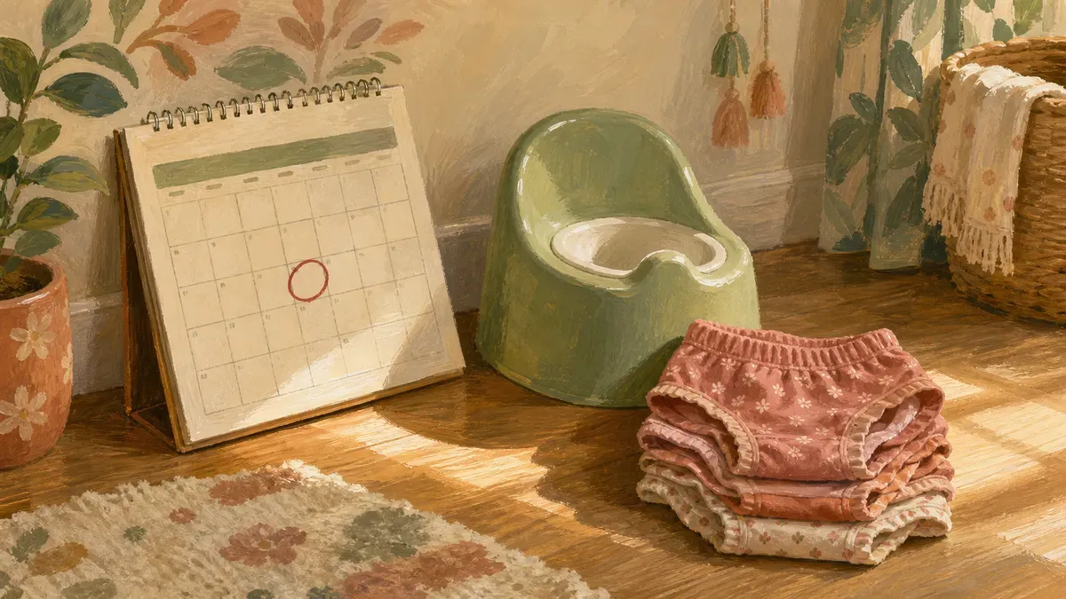 A calendar with preschool start day circled beside a small potty chair and a folded stack of training pants on a sunlit floor.