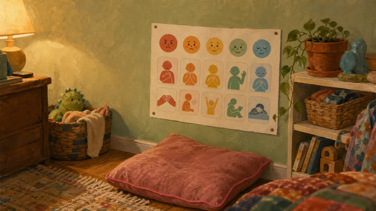 A child-height calm down corner with a laminated feelings poster, a zones of regulation chart, and a small cozy cushion tucked into a quiet classroom corner.