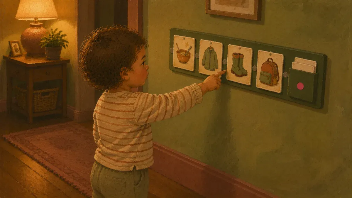 A child pointing to a picture card on a visual schedule strip mounted on a wall at child's eye level