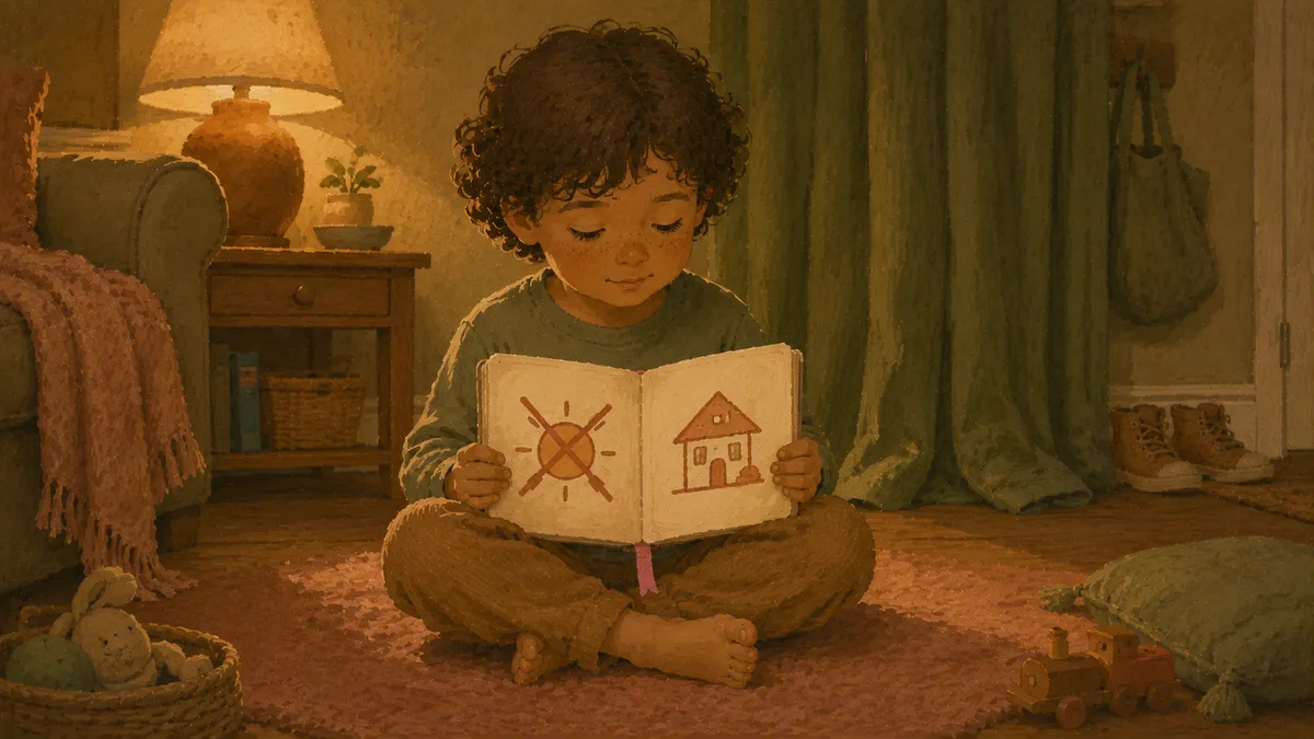 A child sitting cross-legged on a cozy rug, holding a simple illustrated booklet showing a schedule change, with a calm expression on their face.
