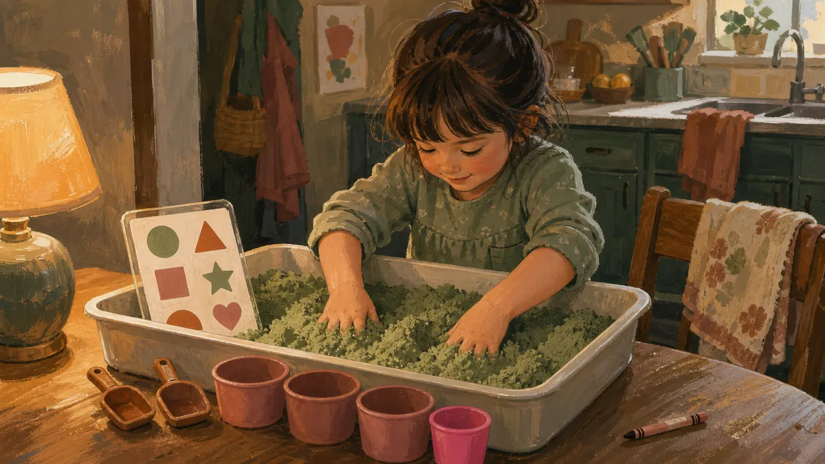 A child with ADHD sitting at a low table, hands buried in a colorful sensory bin filled with kinetic sand, small scoops, and sorting cups, with a visual task card propped nearby.