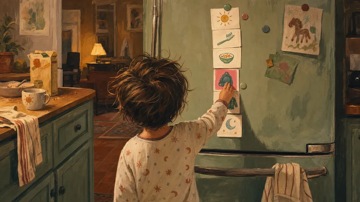 A colorful back-to-school morning routine chart displayed on a refrigerator, showing simple illustrated steps for kids from wake-up through getting on the bus.