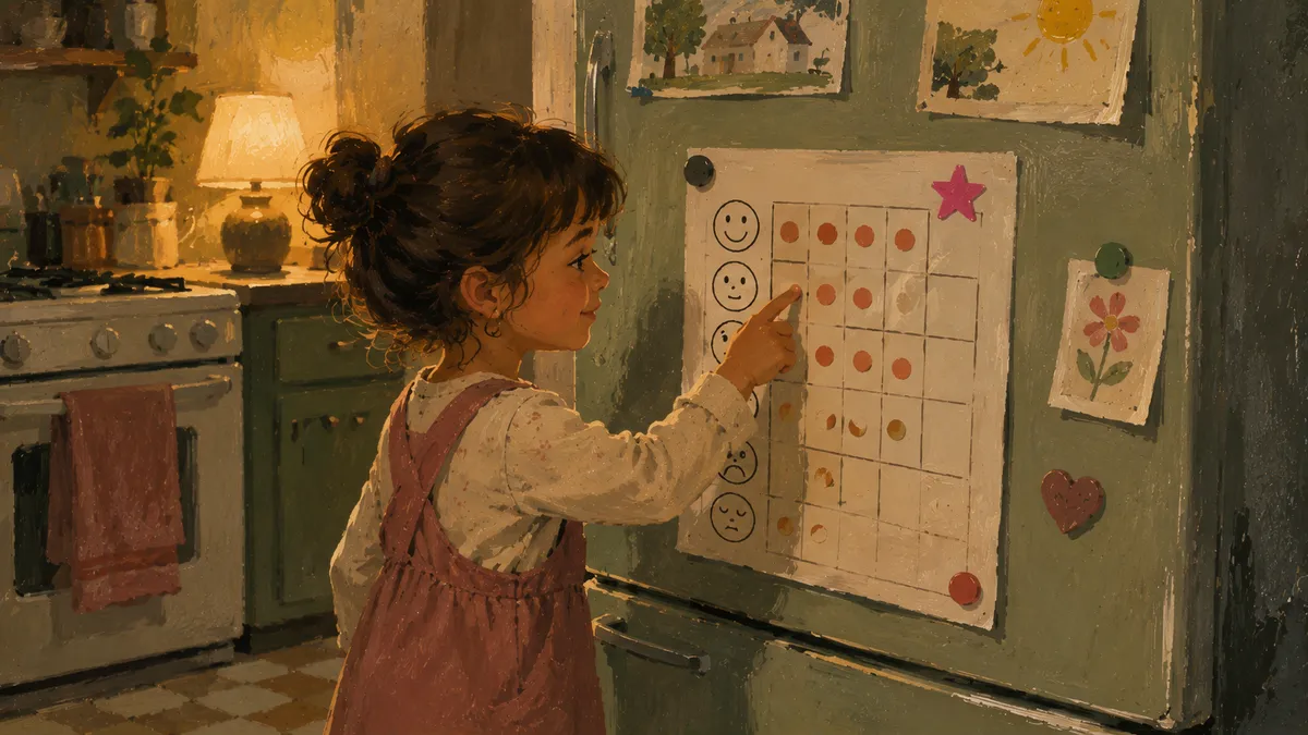 A colorful behavior chart on a refrigerator with emotion faces and sticker spots, next to a young child pointing to the calm-down section.
