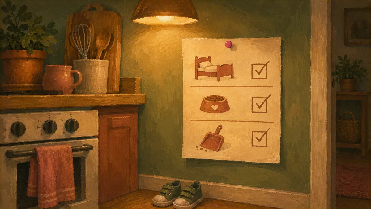 A colorful children's chore chart pinned to a kitchen wall with checkboxes and hand-drawn icons for daily tasks like making the bed and feeding the pet.