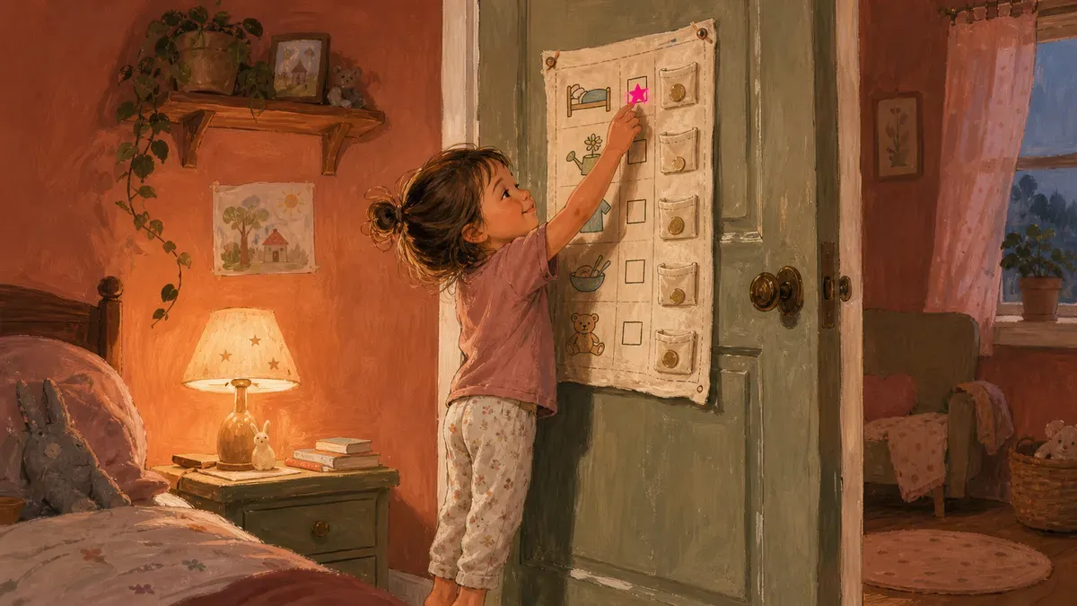 A colorful chore chart with sticker slots and coin pockets hanging on a child's bedroom door, with a small child reaching up to mark a completed task.
