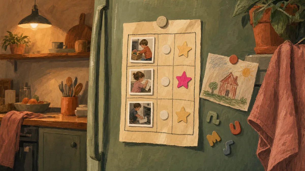 A colorful homemade toddler chore chart with picture cards and star stickers displayed on a refrigerator, showing three simple daily jobs for a young child.