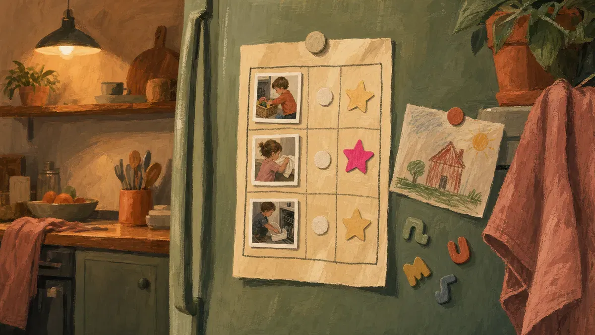 A colorful homemade toddler chore chart with picture cards and star stickers displayed on a refrigerator, showing three simple daily jobs for a young child.