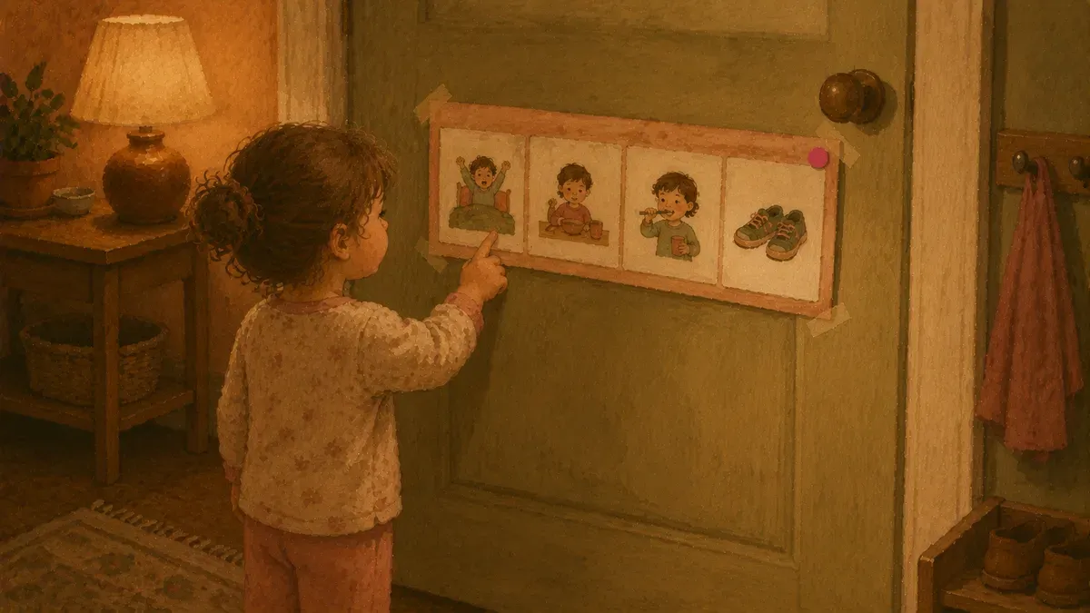 A colorful picture-based morning routine chart taped to a door at a child's eye level, showing steps from wake up to shoes on.