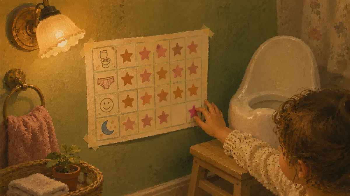 A colorful potty training sticker chart on a bathroom wall with star stickers filled in, next to a toddler-sized step stool and potty seat.