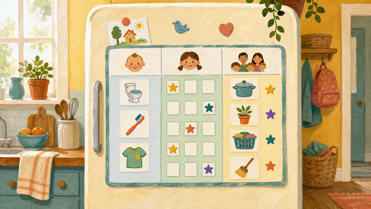 A colorful printed family chore chart on a refrigerator showing columns for a toddler and an older child, with sticker checkboxes for daily routines and chores.