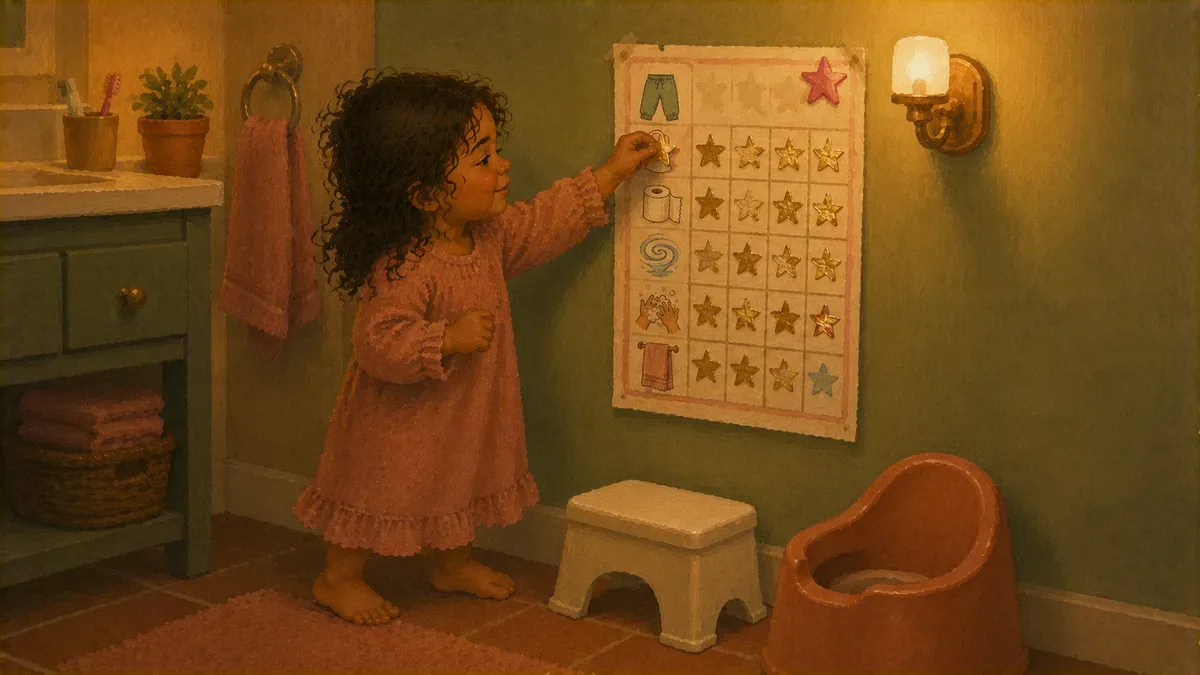 A colorful toddler potty training reward chart on a fridge with sticker stars and a printable tracker beside it