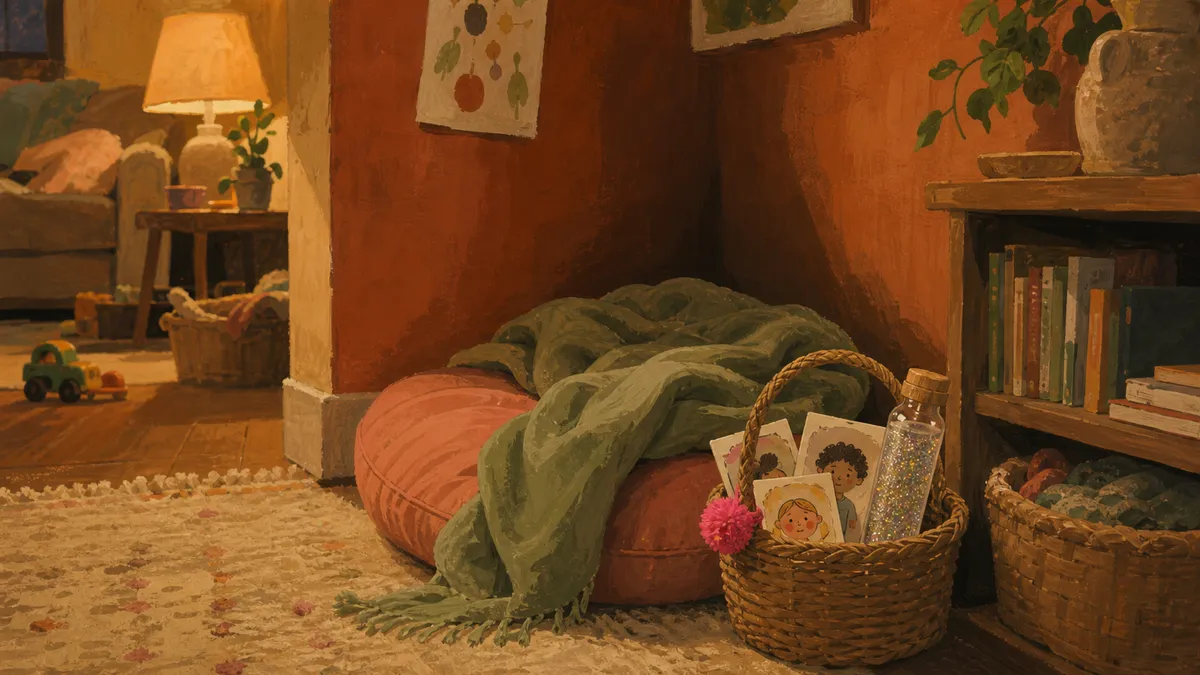 A cozy calm corner for kids tucked into a living room corner, with a soft floor pillow, a few sensory bottles, and a small basket of feelings cards.