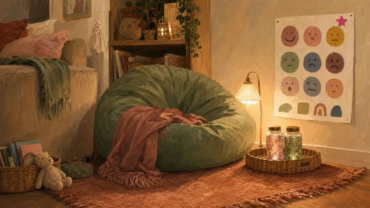 A cozy calm-down corner at home with a beanbag, soft lighting, and calming jars