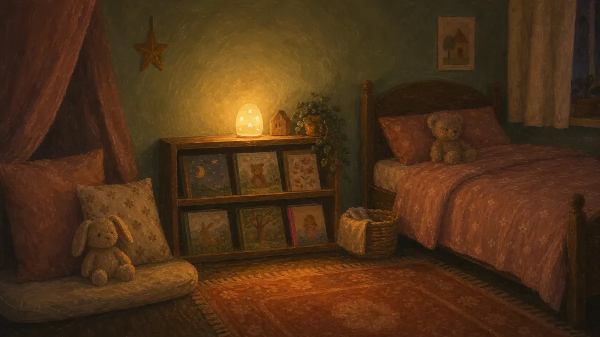 A dim nightlight and cozy reading corner set up for a preschooler to ease nighttime fears