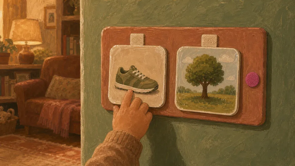A first-then board showing two picture cards side by side for a toddler