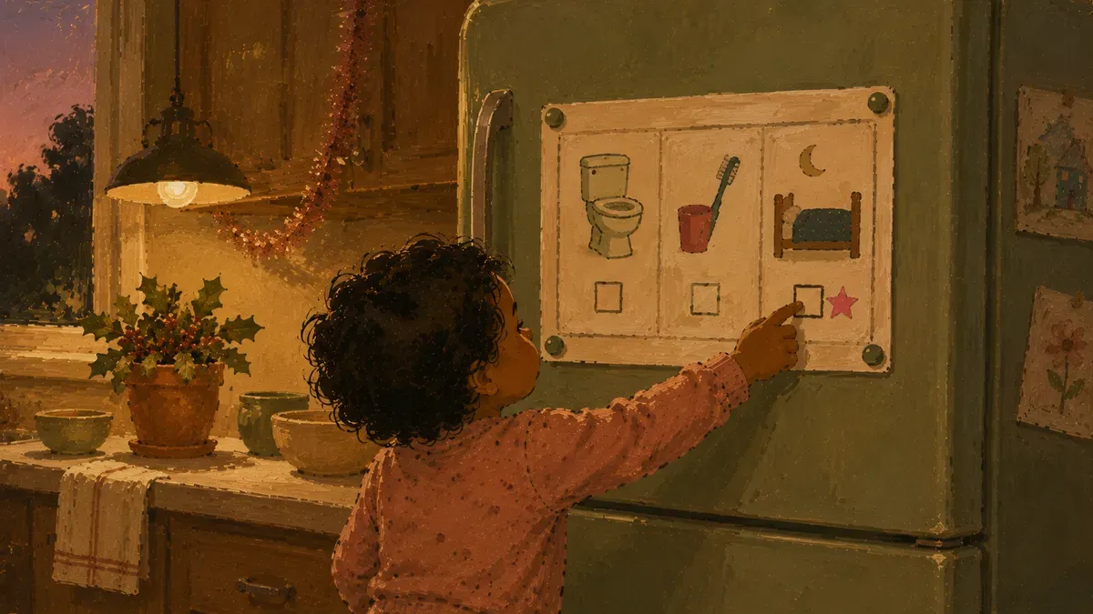 A hand-drawn routine chart pinned to a refrigerator beside Christmas decorations, showing a toddler's morning checklist with picture symbols for potty, breakfast, and getting dressed.