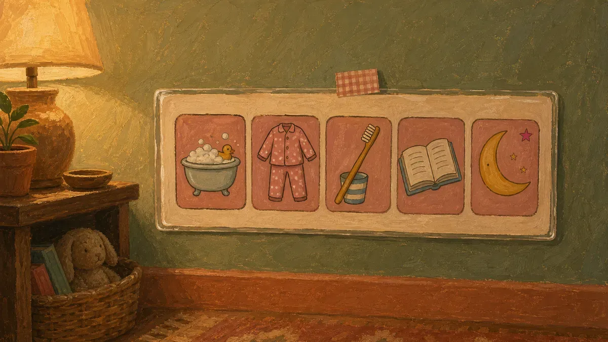 A laminated 5-step bedtime routine chart with picture cards showing bath, pajamas, brush teeth, story, and lights out, posted at child height