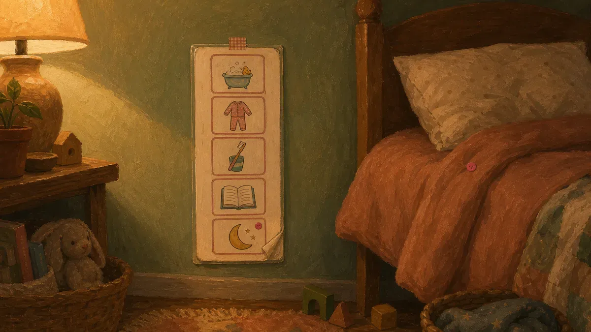 A laminated bedtime routine chart hanging at child height next to a child's bed, slightly worn from regular use