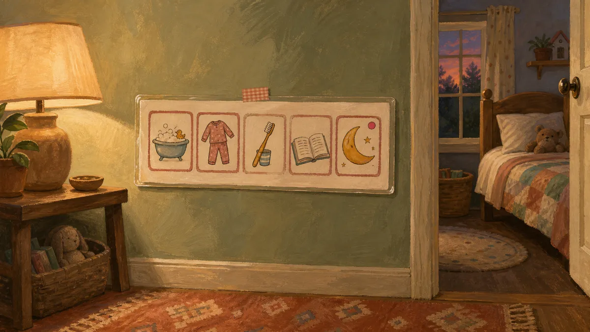 A laminated bedtime routine chart with picture cards showing five steps posted at toddler height on a wall beside a child's bedroom door.