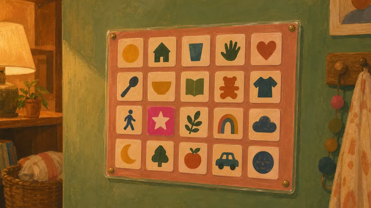 A laminated communication board with picture symbols for needs and feelings