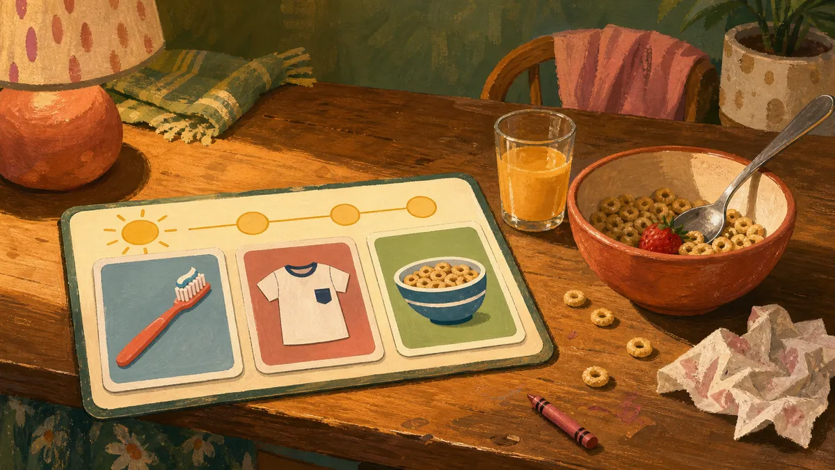 A laminated daily routine chart with colorful picture cards showing morning tasks like brushing teeth and getting dressed, laid out on a kitchen table next to a child's breakfast bowl.