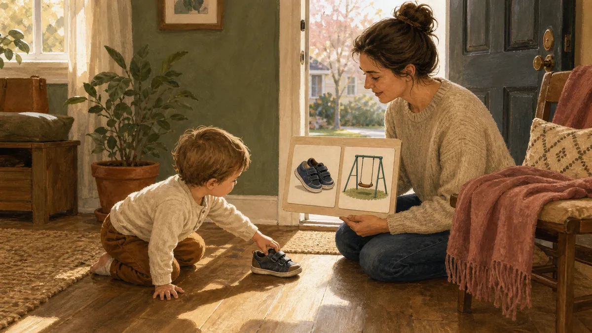 A laminated first then board with picture cards showing 'first shoes, then playground' held by a mom next to a toddler getting ready to go outside.