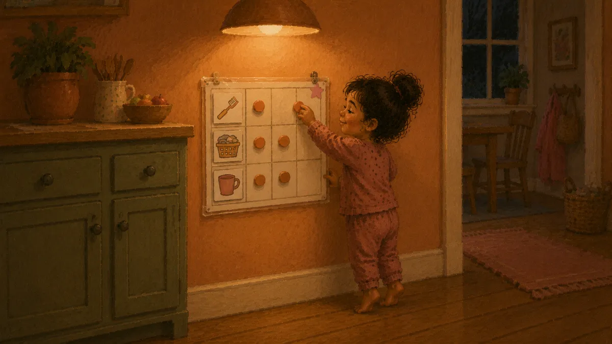 A laminated picture-based chore chart with simple icons hung at toddler height on a kitchen wall, a young child reaching up to check off a completed task