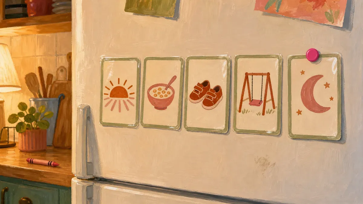 A laminated picture schedule card strip with simple illustrated icons for wake-up, breakfast, play, and nap hanging on a toddler's bedroom wall.