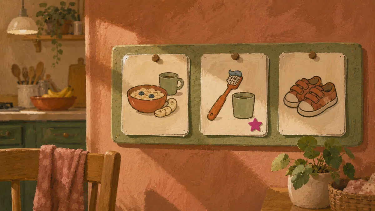 A laminated picture schedule with colorful routine cards showing breakfast, brushing teeth, and bedtime steps hanging at toddler eye level on a wall.