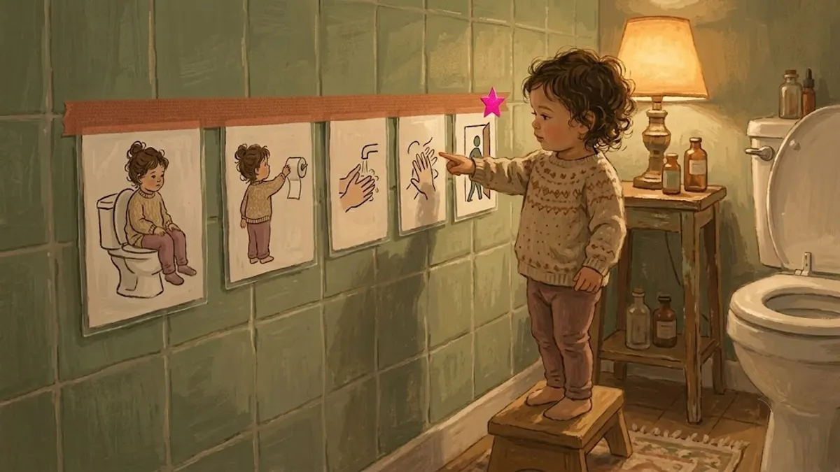 A laminated potty training visual schedule with picture cards showing toilet steps, posted at toddler eye level on a bathroom wall.