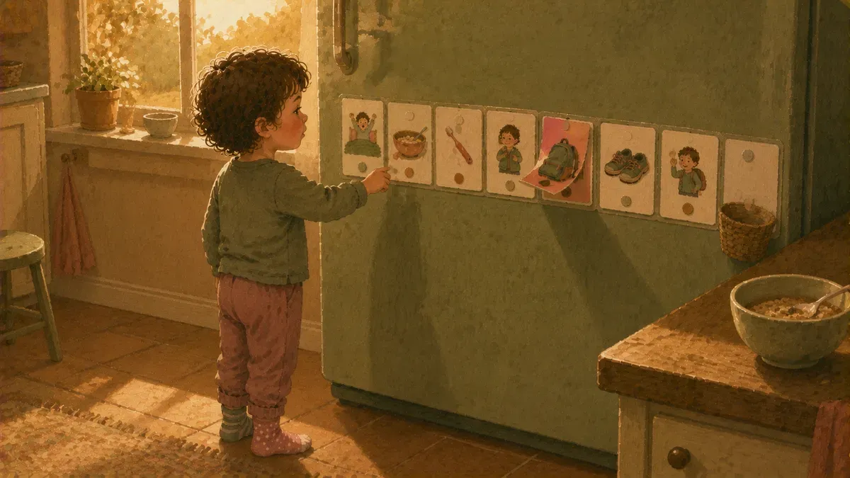 A laminated toddler morning routine chart with colorful picture cards showing wake up, brush teeth, get dressed, eat breakfast, and shoes on, displayed at child height on a refrigerator door.