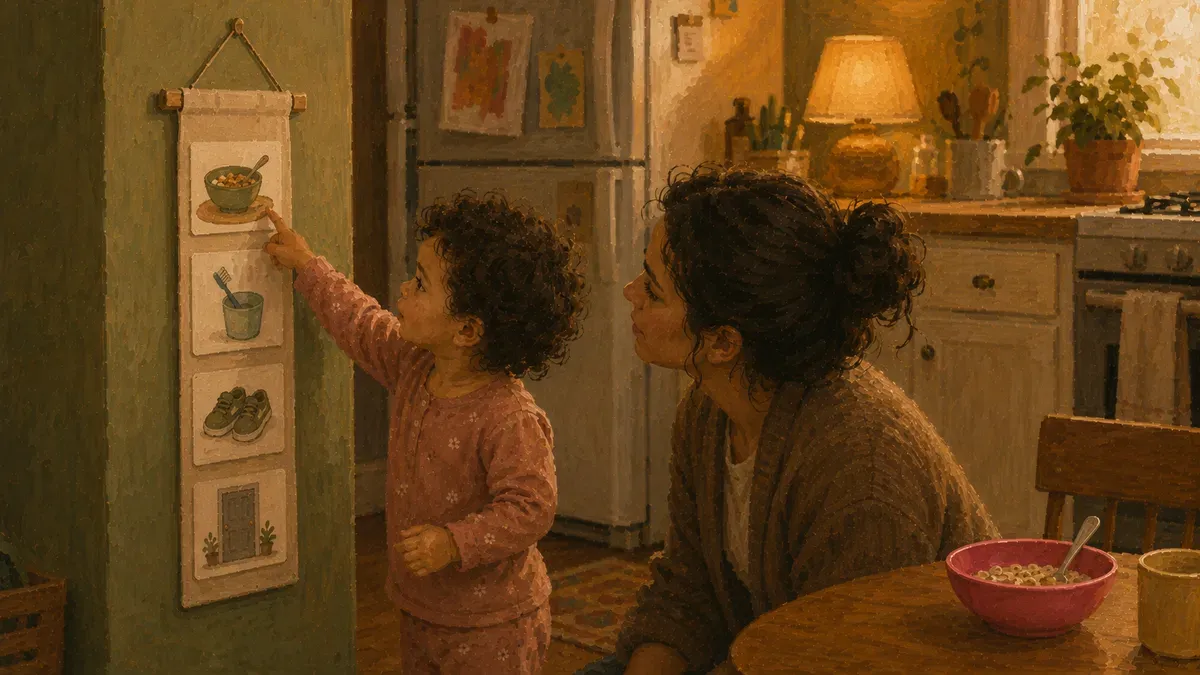 A laminated toddler visual schedule with hand-drawn routine pictures hanging at a child's eye level on a refrigerator door.