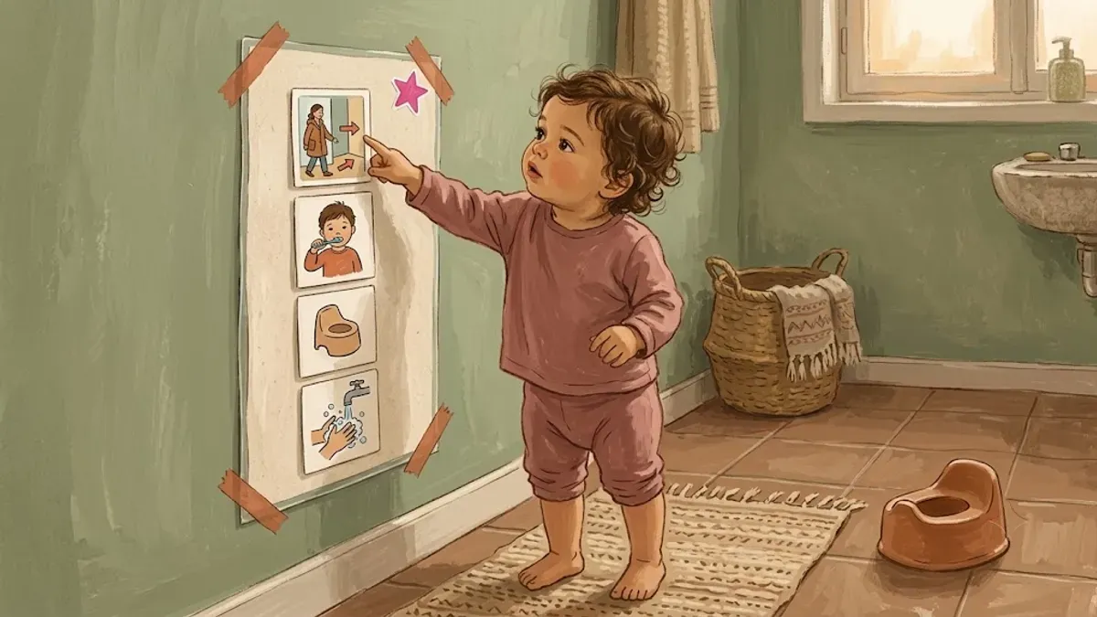 A laminated visual potty schedule chart mounted at child height on a bathroom wall