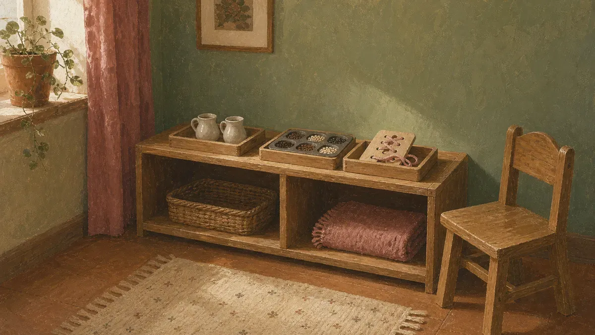 A low Montessori shelf with a few trays set up in a small apartment corner