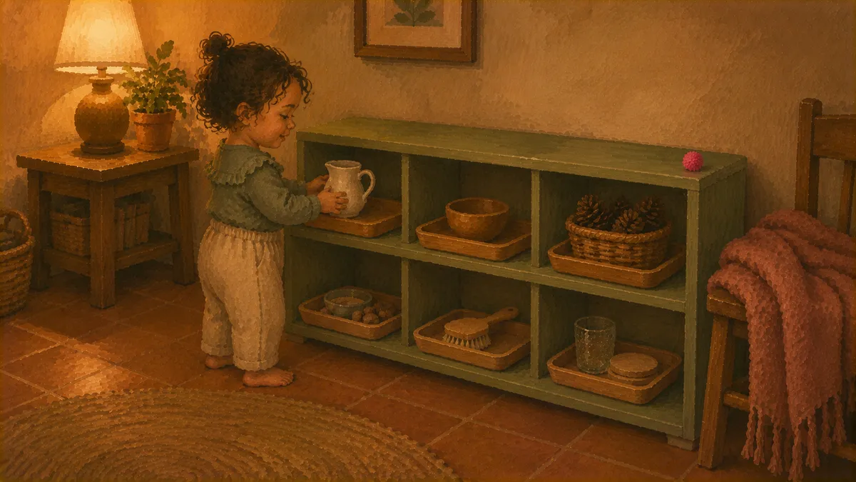 A low wooden shelf with six simple toys arranged within reach of a toddler in a tidy, uncluttered living room corner.