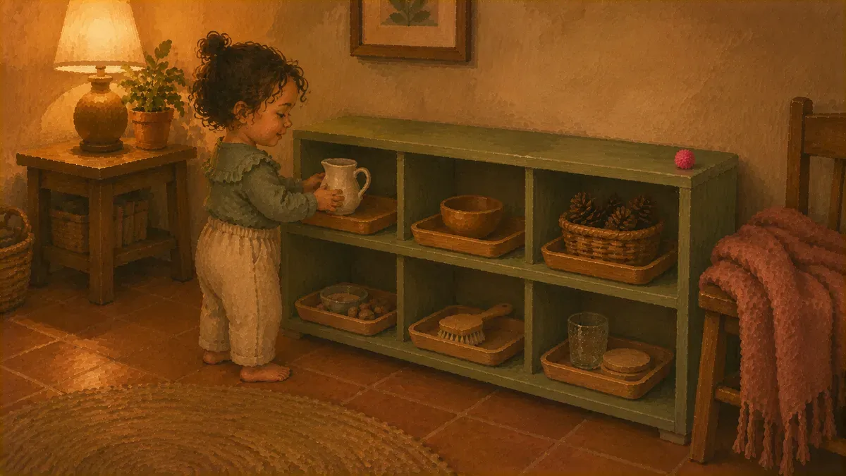 A low wooden shelf with six simple toys arranged within reach of a toddler in a tidy, uncluttered living room corner.