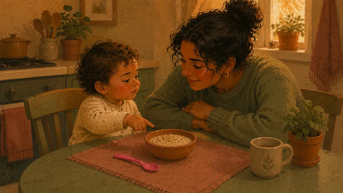A mom and toddler sit at a breakfast table, the child pointing at food while the mom pauses and waits for the child to name it, practicing natural speech therapy in a morning routine.