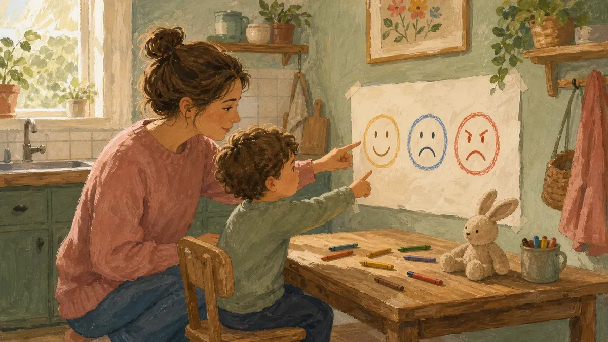 A mom kneeling beside a young child at a kitchen table, both pointing to a hand-drawn feelings chart taped to the wall, with crayons and a small stuffed animal nearby.