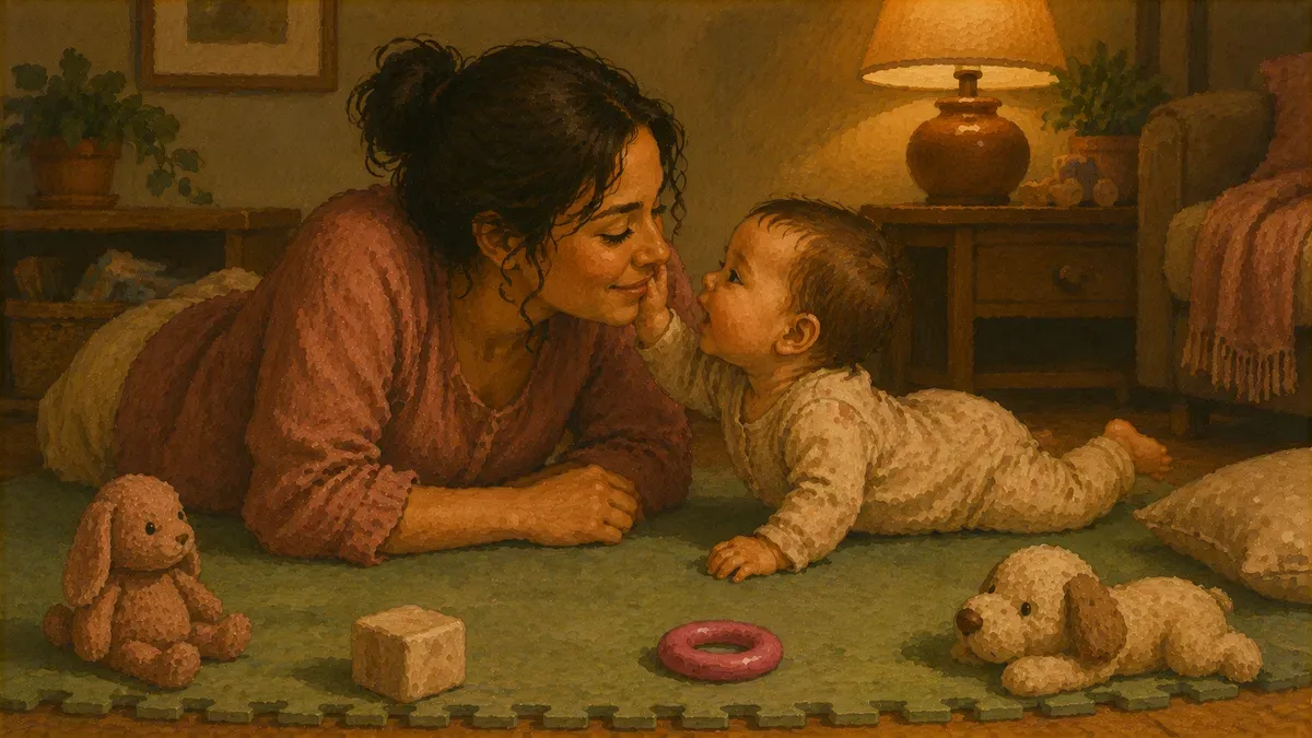 A mother leaning close to her baby on a play mat, smiling and making eye contact as the baby reaches toward her face and begins to babble.