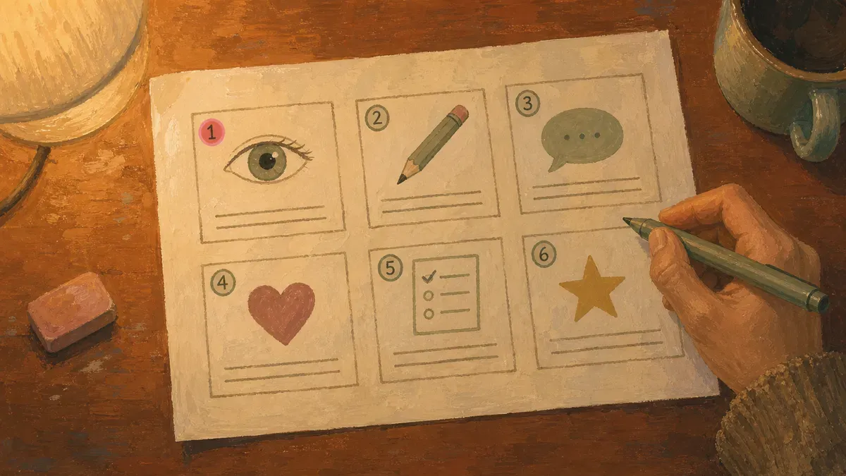 A numbered worksheet showing the six steps of writing a social story, with a sample sentence in each box