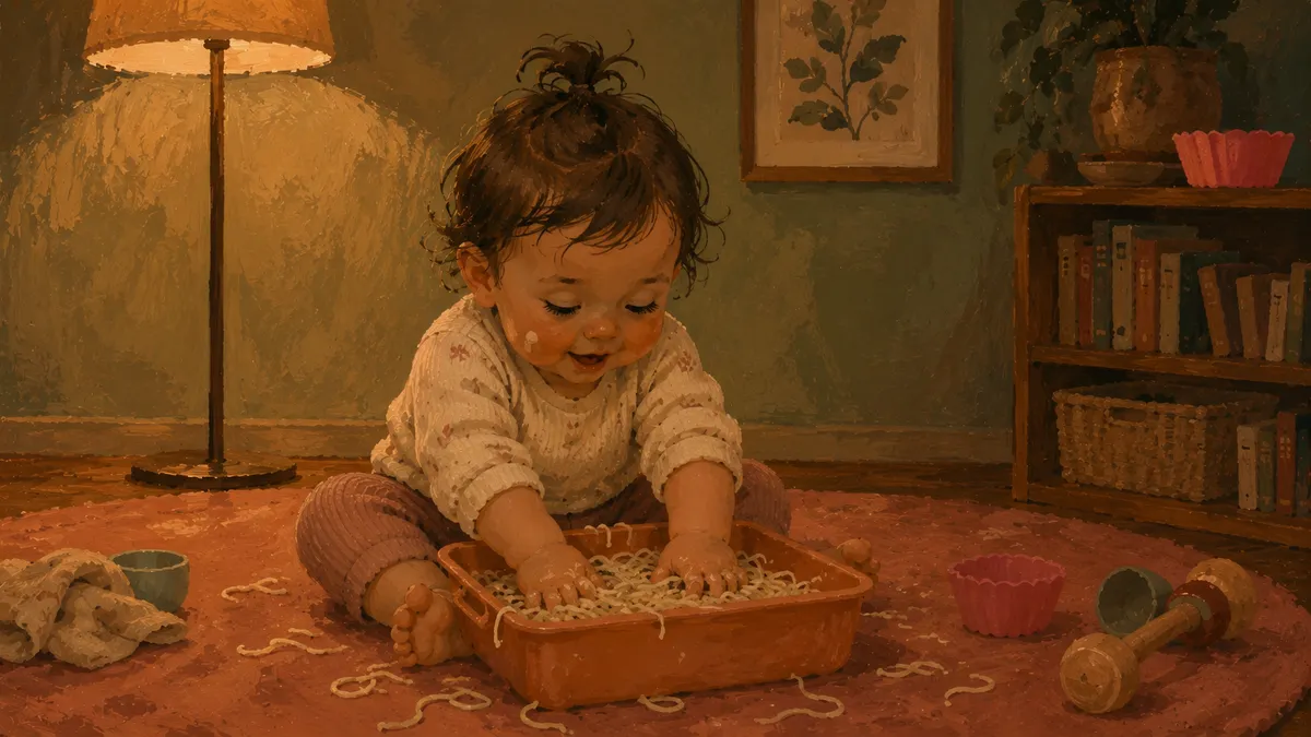 A one-year-old sitting on the floor with both hands buried in a shallow bin of cooked spaghetti noodles, exploring with curiosity.