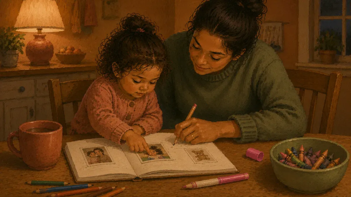 A parent and child sit together at a kitchen table, writing the child's name and adding a photo to a printed social story page