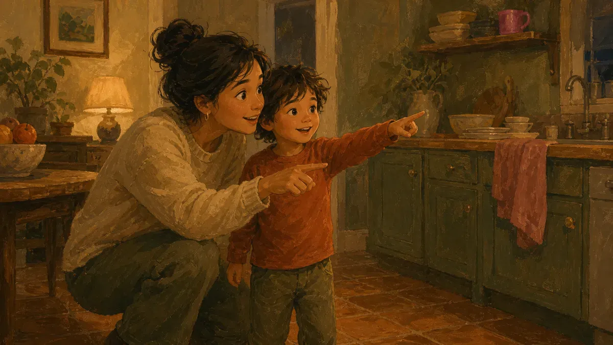 A parent and kindergartner playing I Spy in a kitchen, no materials needed
