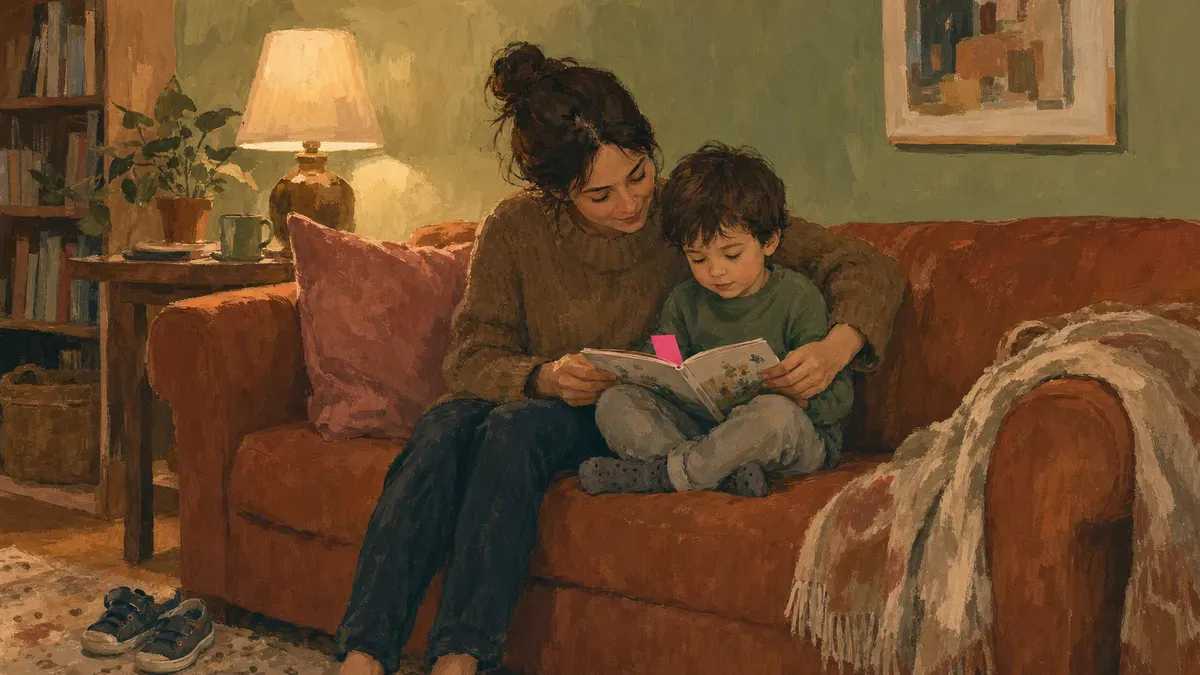 A parent and young autistic child sitting together on a couch, reading a simple illustrated social story booklet about going to school.